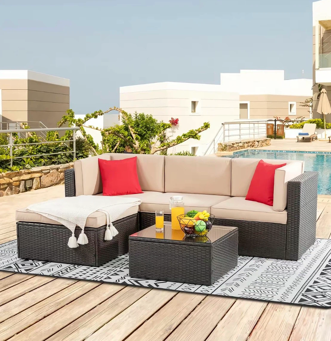 5 Piece Outdoor Sectional Sofa Set with Coffee Table and Ottoman