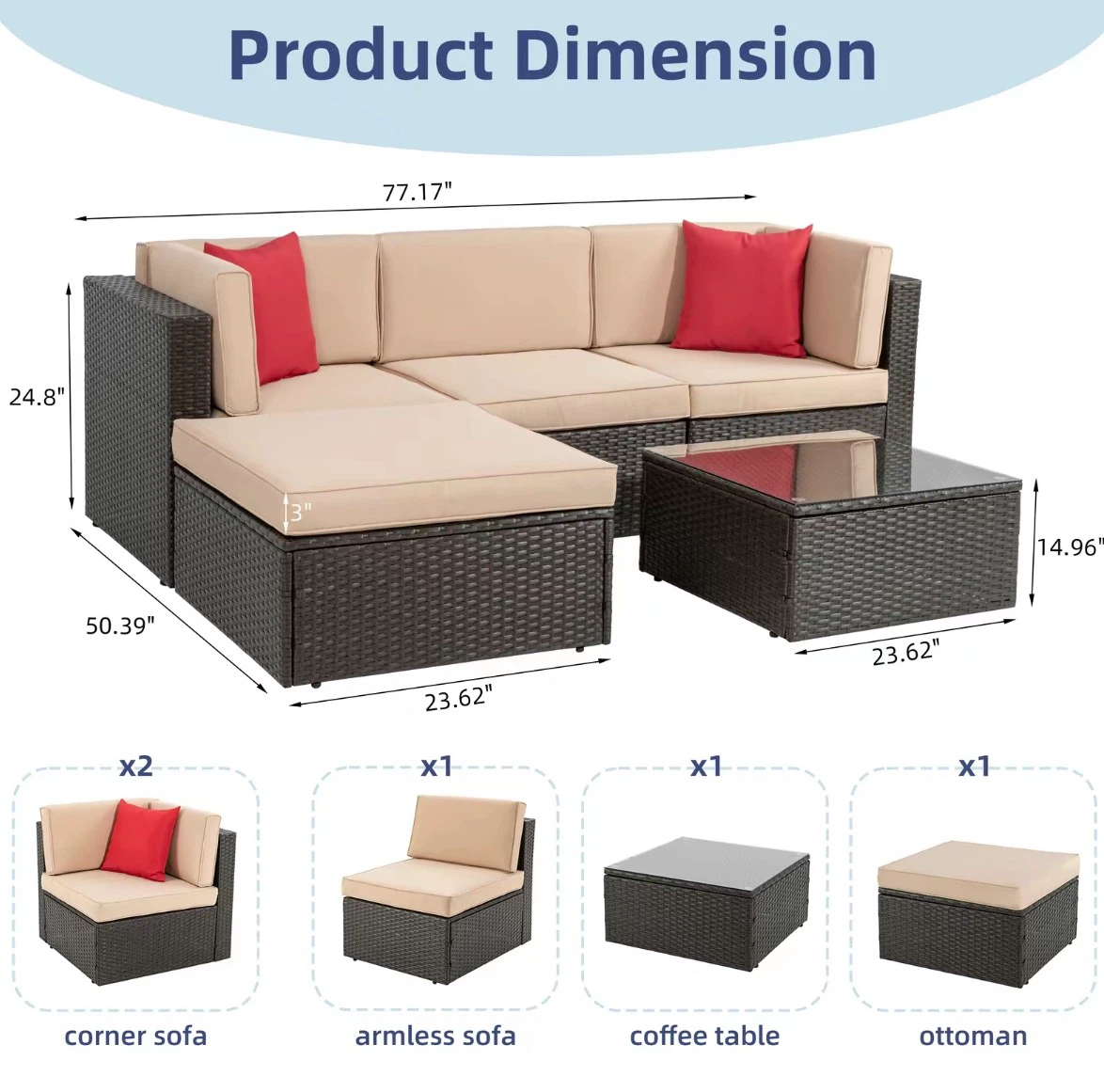 5 Piece Outdoor Sectional Sofa Set with Coffee Table and Ottoman - photo 2