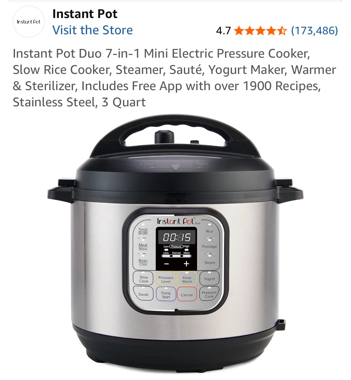 Instant Pot Duo 7-in-1 Mini Electric Pressure Cooker 3 Quart