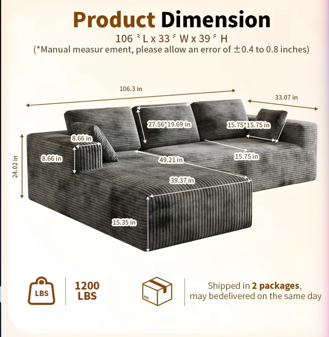 Gray Corduroy Sectional Sofa with Ottoman - photo 3