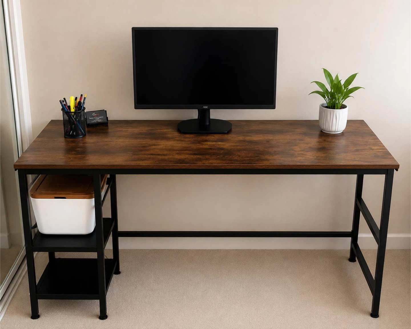 Rustic Brown Wooden Desk with Black Metal Frame