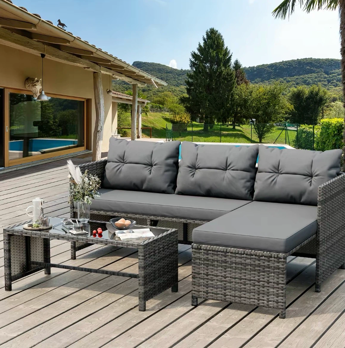 Outdoor Wicker Sectional Sofa Set with Coffee Table