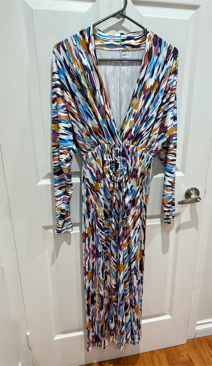 Abstract Multicolor Print Long Sleeve Maxi Dresses - photo 2
