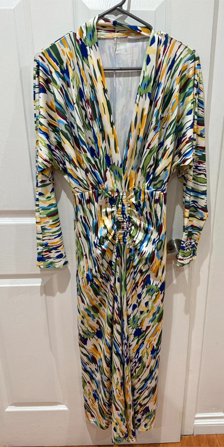 Abstract Multicolor Print Long Sleeve Maxi Dresses - photo 5