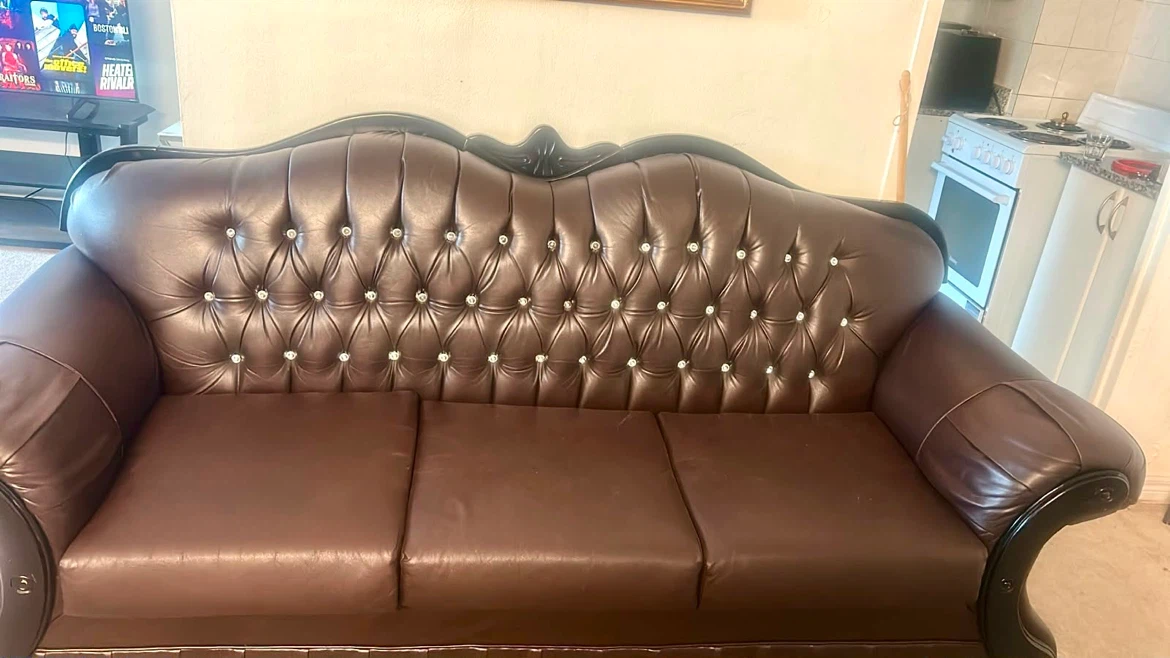 Brown Tufted Sofa with Crystal Accents - photo 3