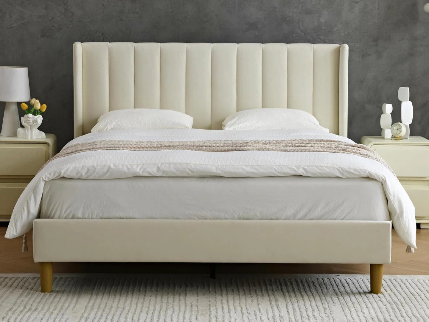 Queen Upholstered Platform Bed Frame - Beige - photo 3