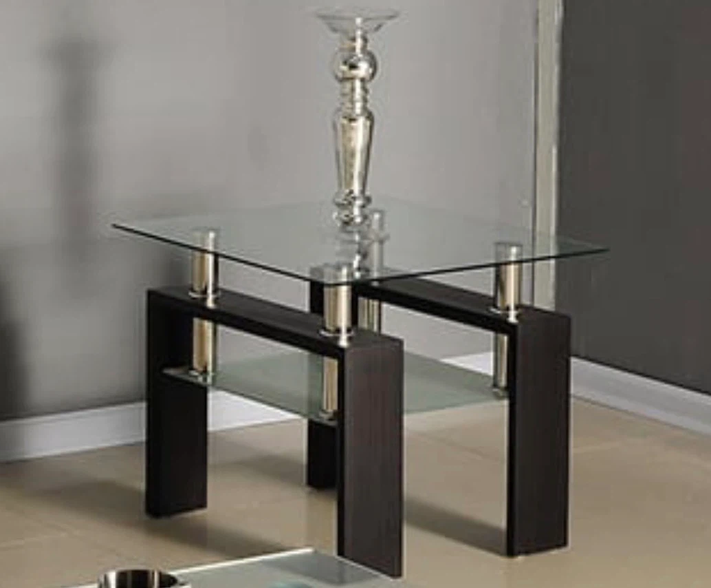 Glass End Table with Dark Wood Frame