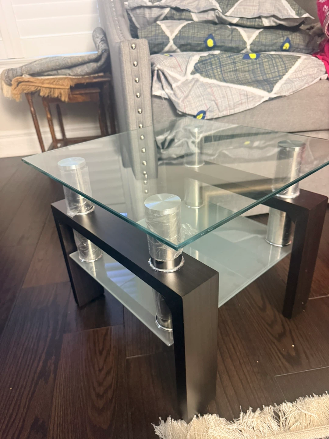 Glass End Table with Dark Wood Frame - photo 2