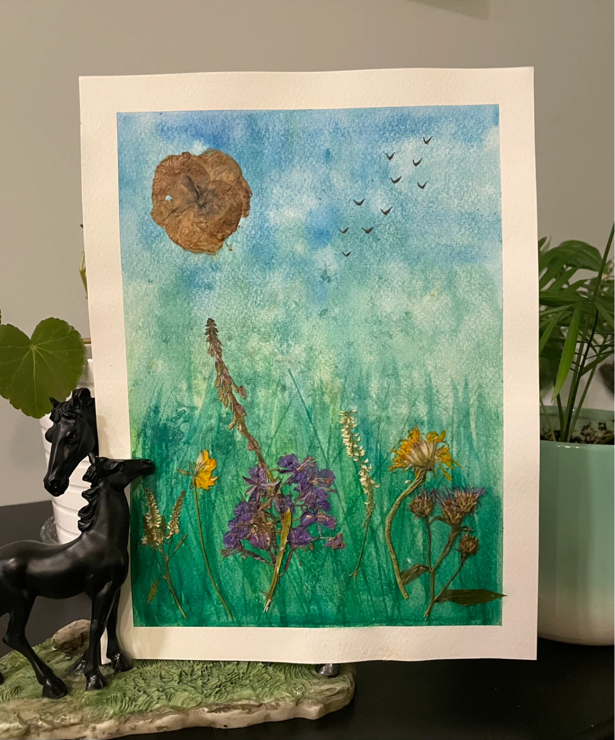 Watercolor landscape with Pressed Flowers painting