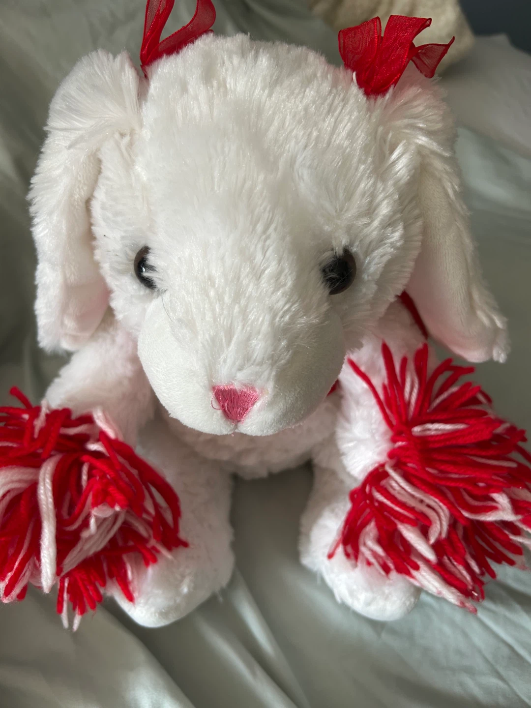 White Plush Bunny with Red & White Pom-Poms
