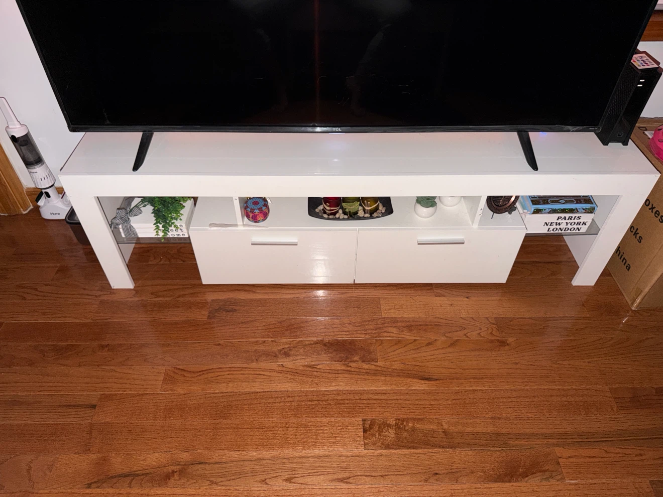 White Modern TV Stand with Two Storage Drawers