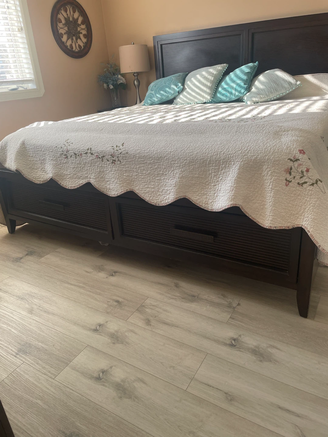 Dark Wood Headboard with Storage Drawers