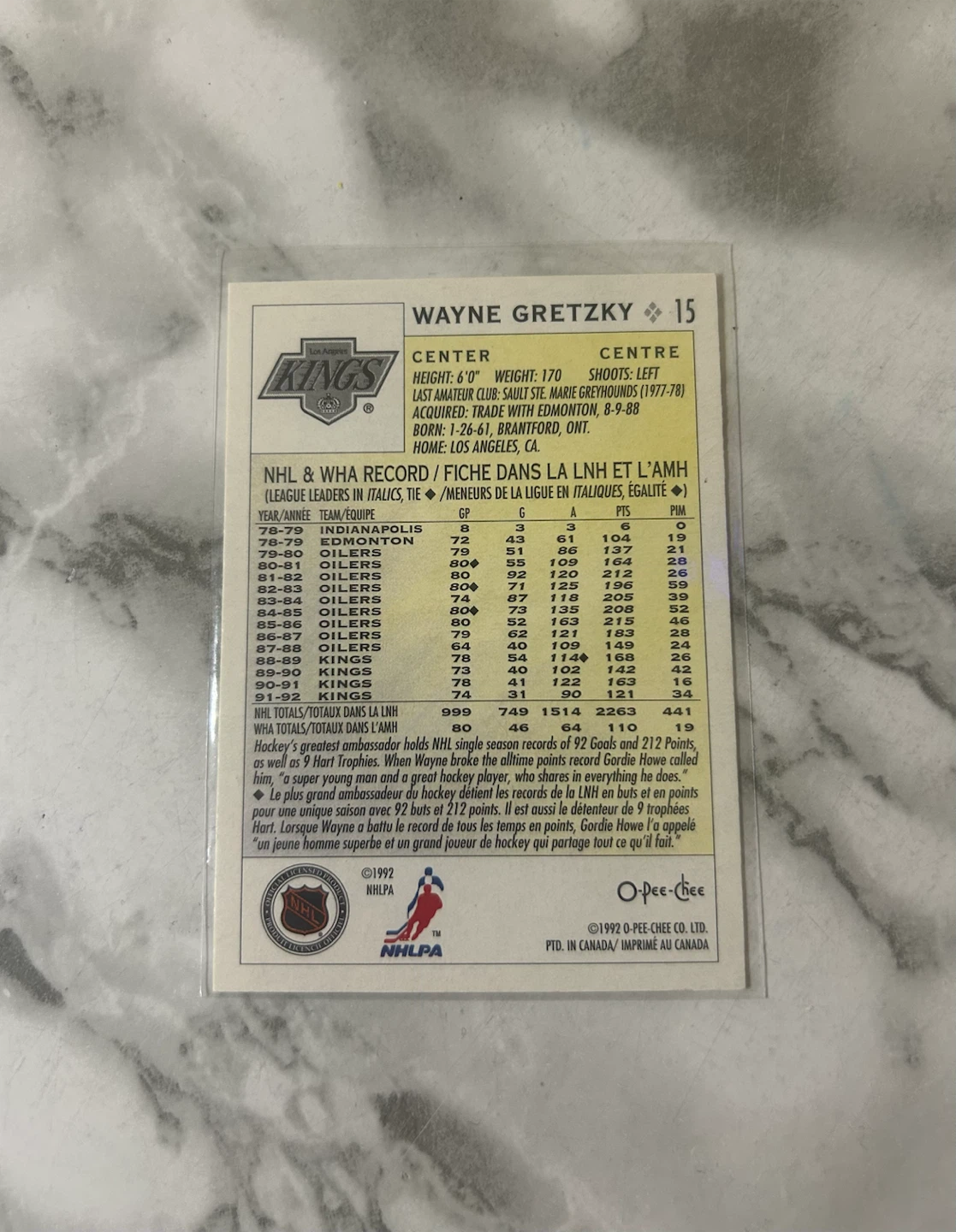 Wayne Gretzky 1992 O-Pee-Chee Hockey Card - photo 2