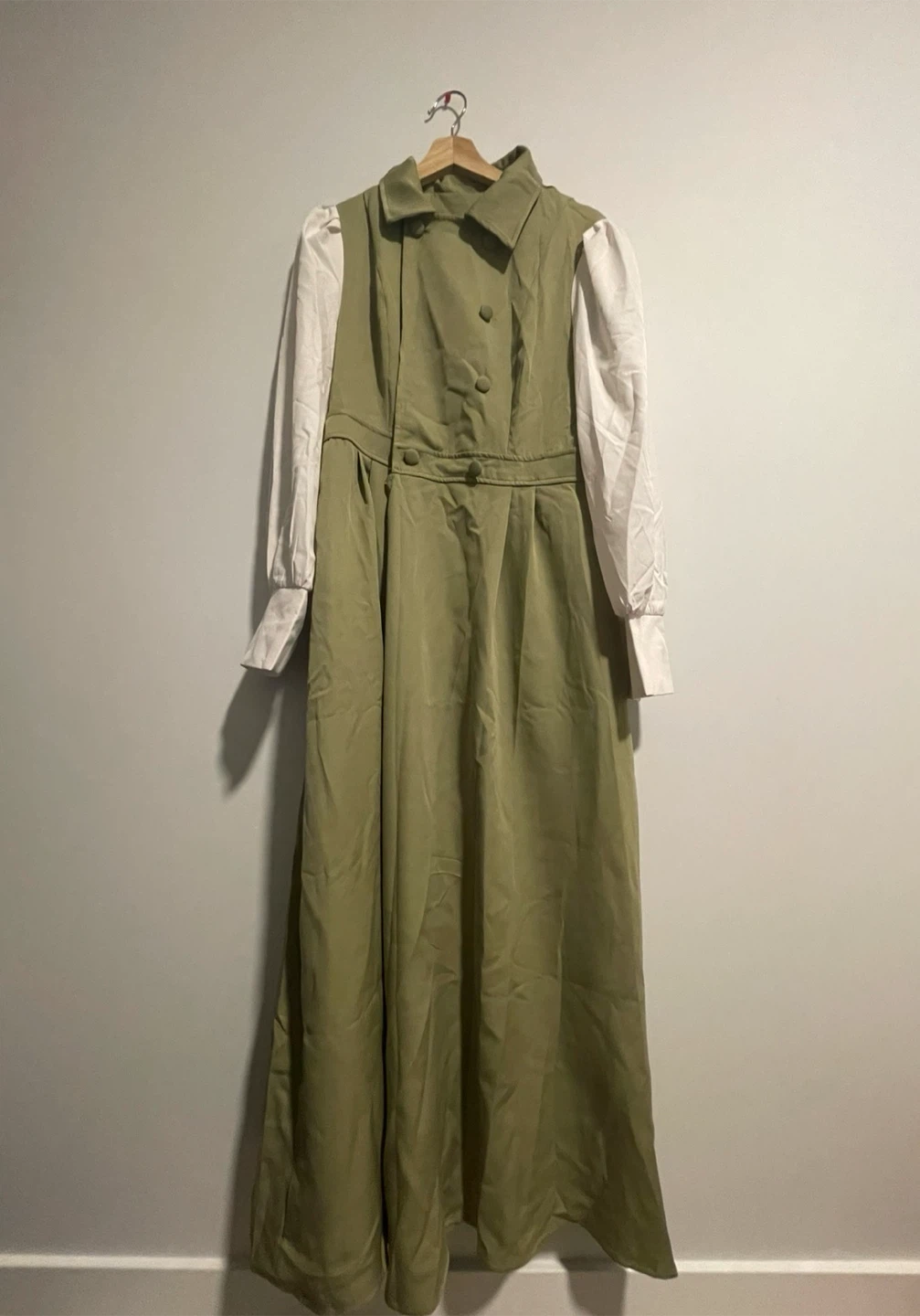Olive Green Dress with White Puff Sleeves