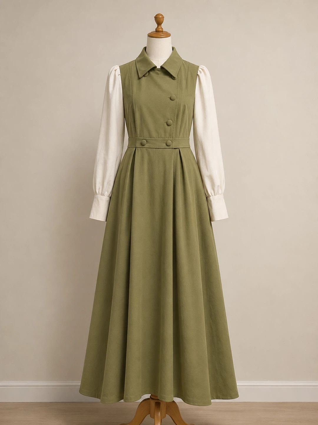 Olive Green Dress with White Puff Sleeves - photo 2