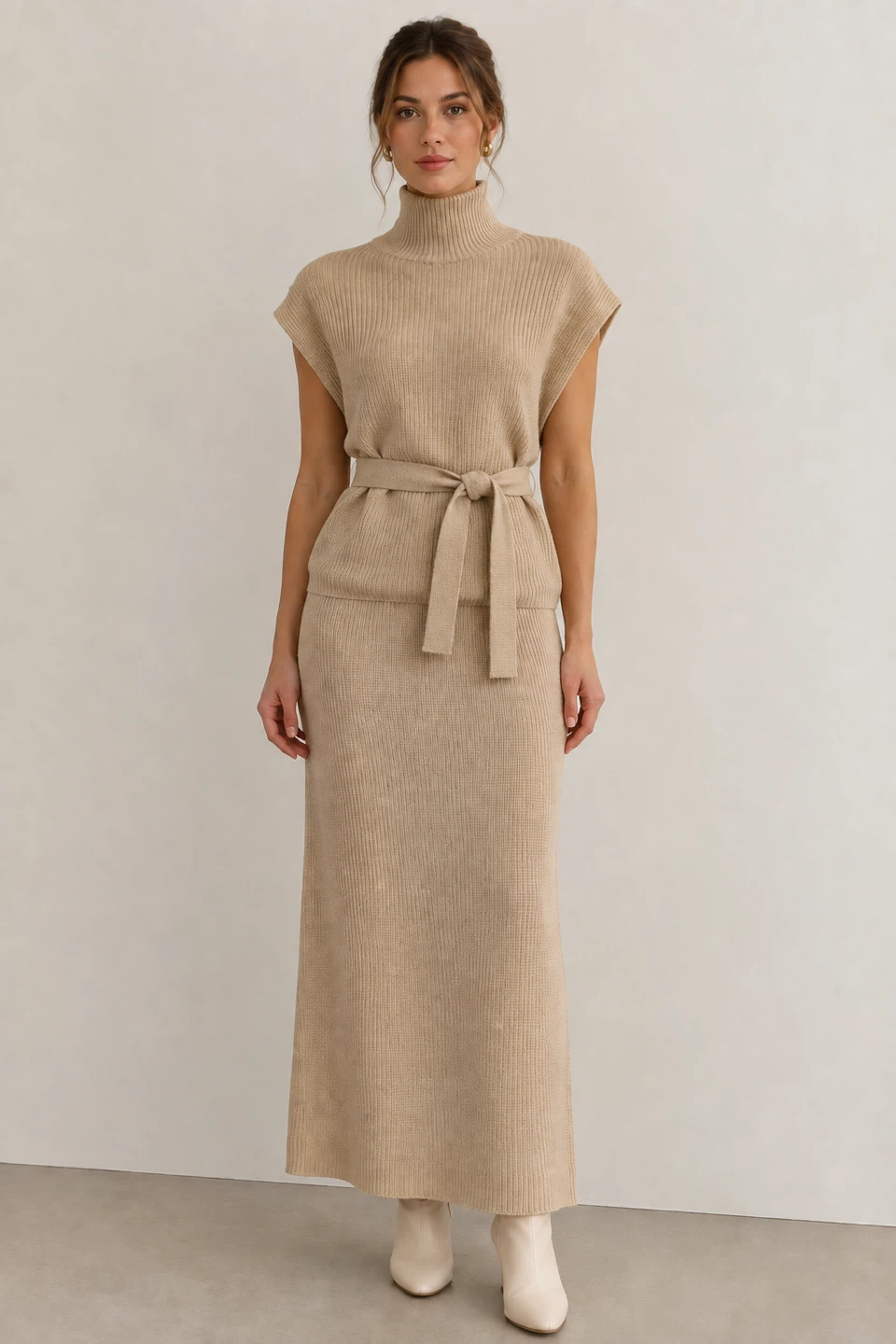 Ribbed Knit Turtleneck Sleeveless Top & Skirt Set - photo 3