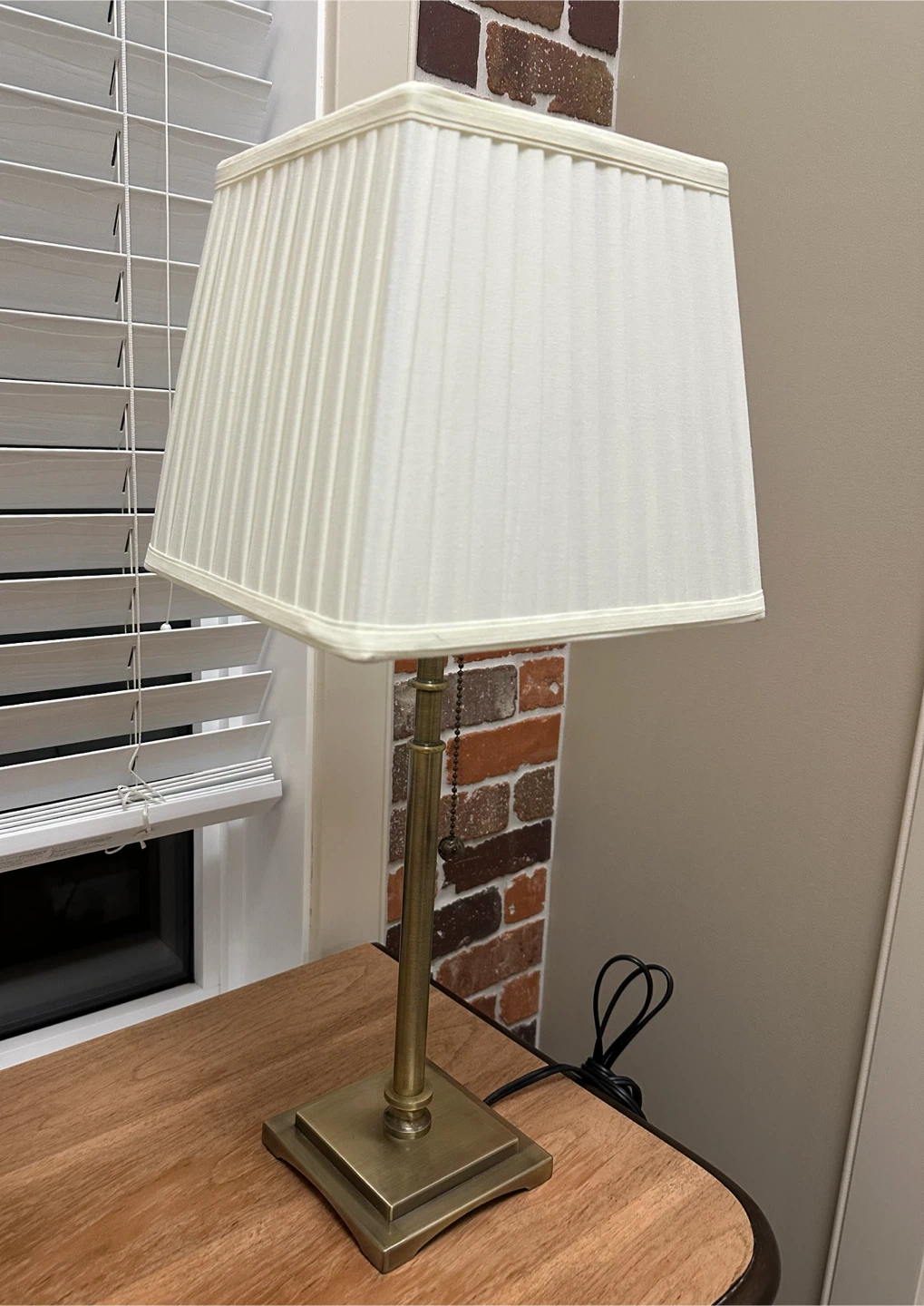 Pair of 2 Solid Brass Table Lamps Pleated Fabric Shades - photo 3