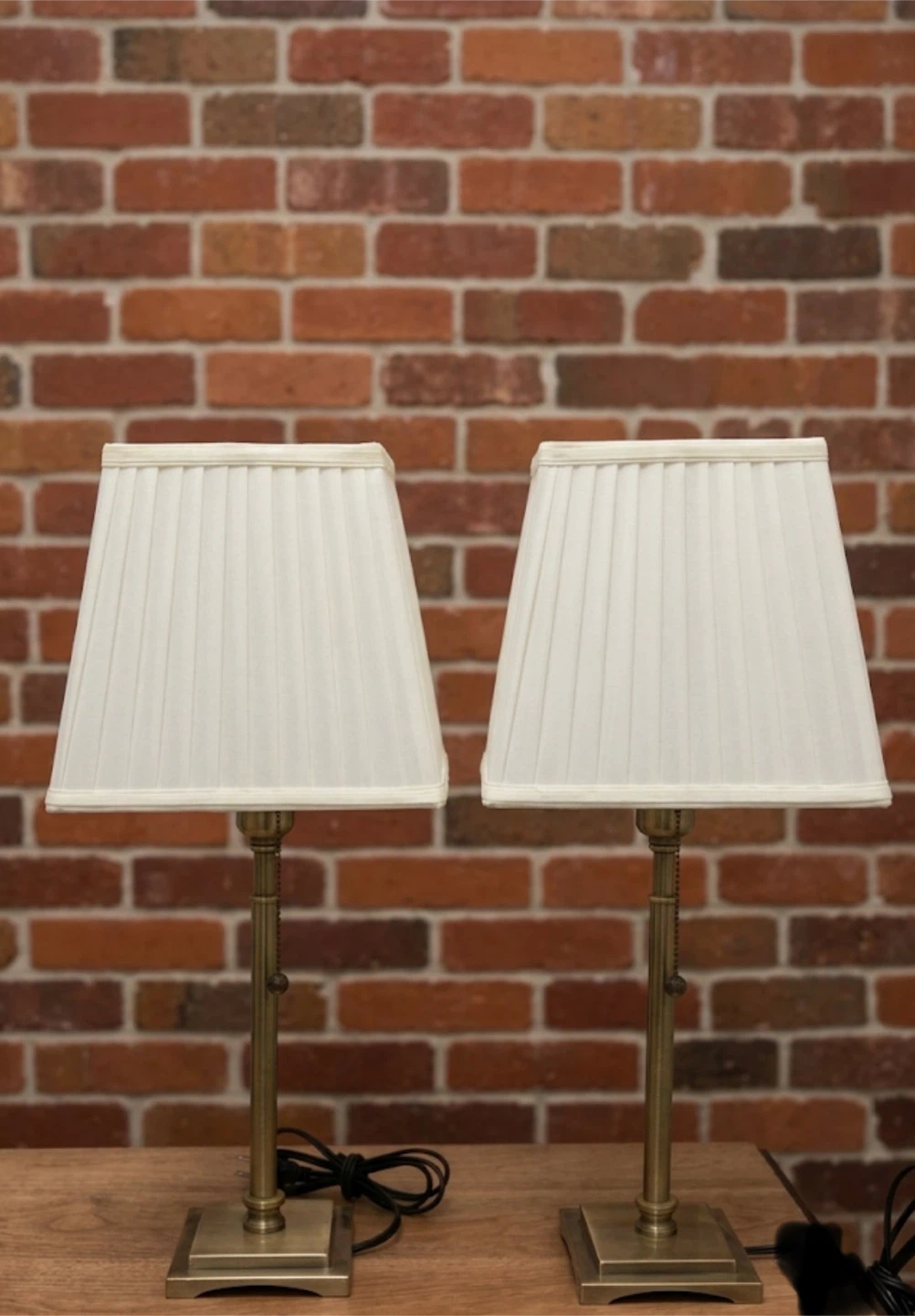 Pair of 2 Solid Brass Table Lamps Pleated Fabric Shades