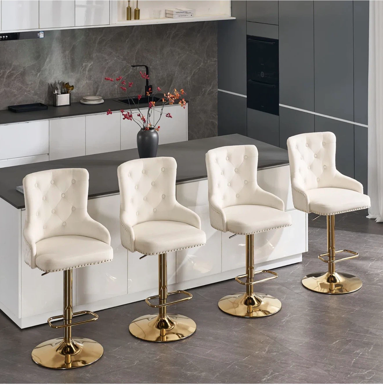 Set of 4 Cream Velvet Swivel Bar Stools with Gold Base