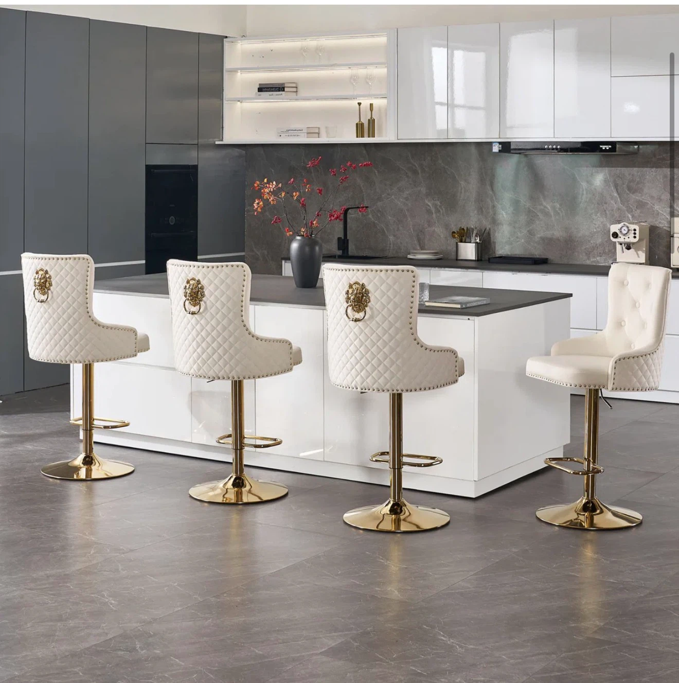 Set of 4 Cream Velvet Swivel Bar Stools with Gold Base - photo 4