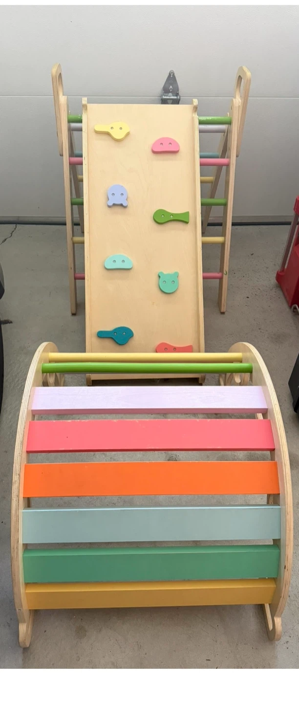 Wooden Climbing Triangle with Slide and Rock Wall