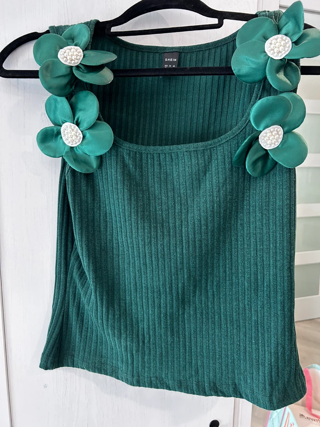 Green Ribbed Tank Top with Flower Embellishments