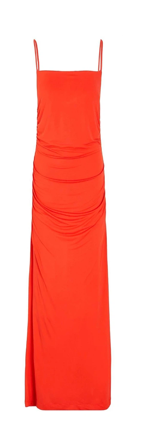 Red Ruched Spaghetti Strap Maxi Dress