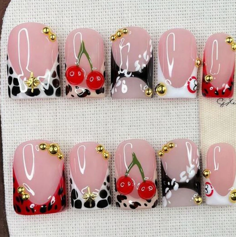 Press-on Nails Set - French Tip, Cherry, Leopard Print Designs