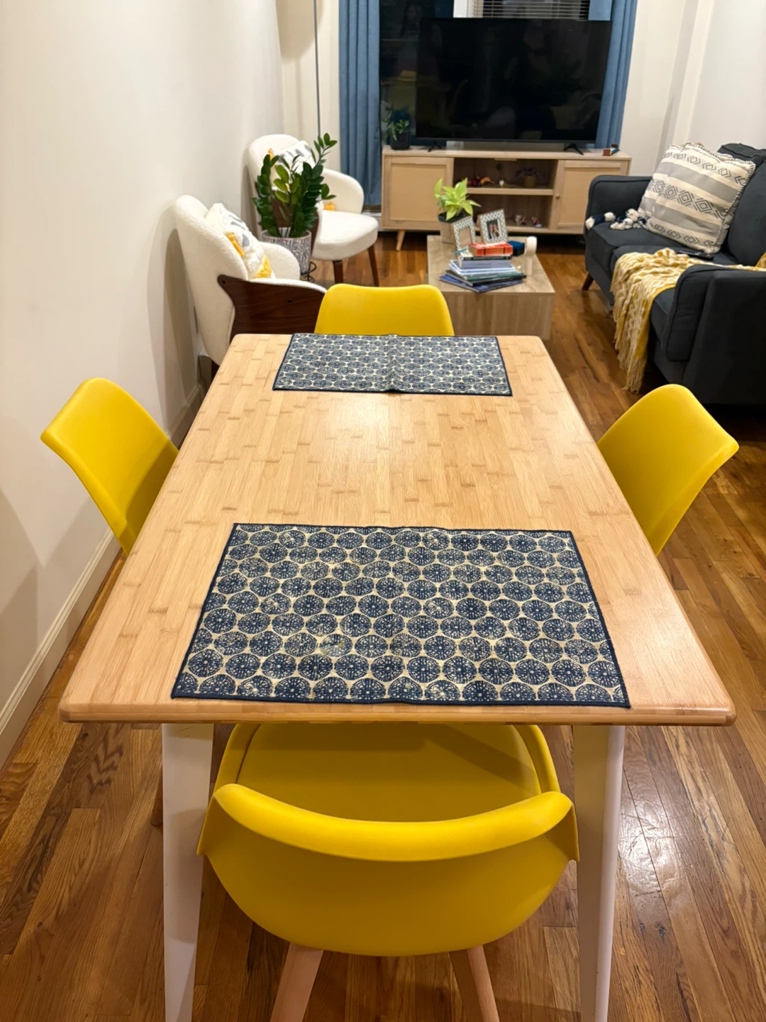 Bamboo Dining Table with Yellow Chairs - photo 2