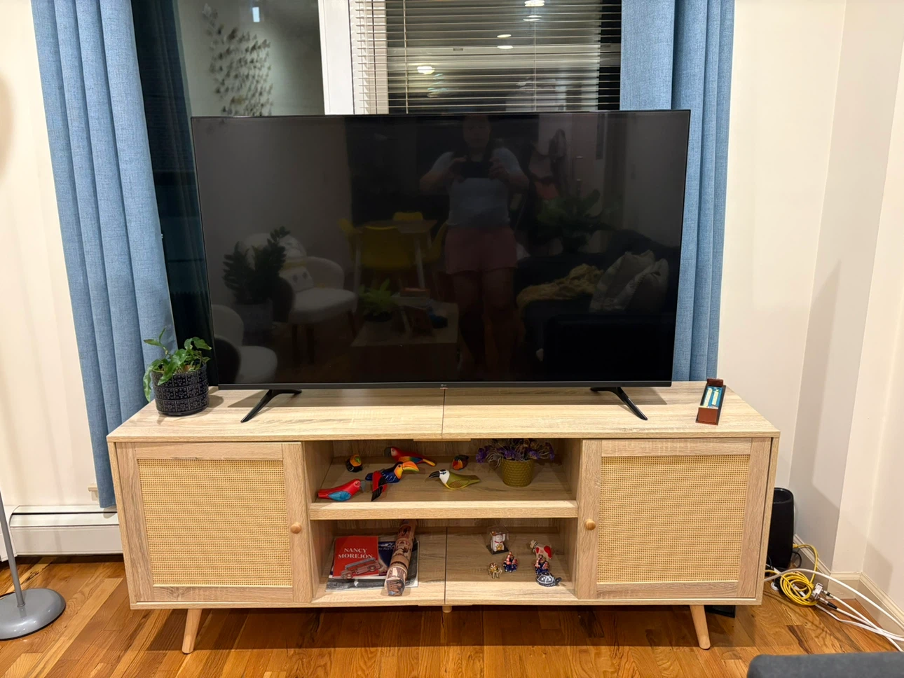 Light Wood TV Stand with Rattan Doors