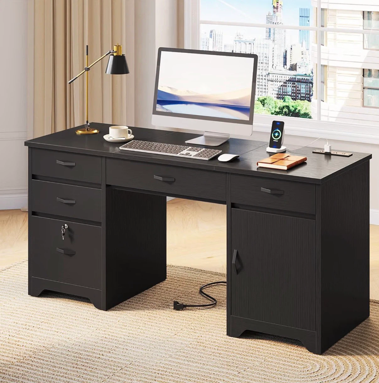 Black Executive Desk with Drawers and Cabinet
