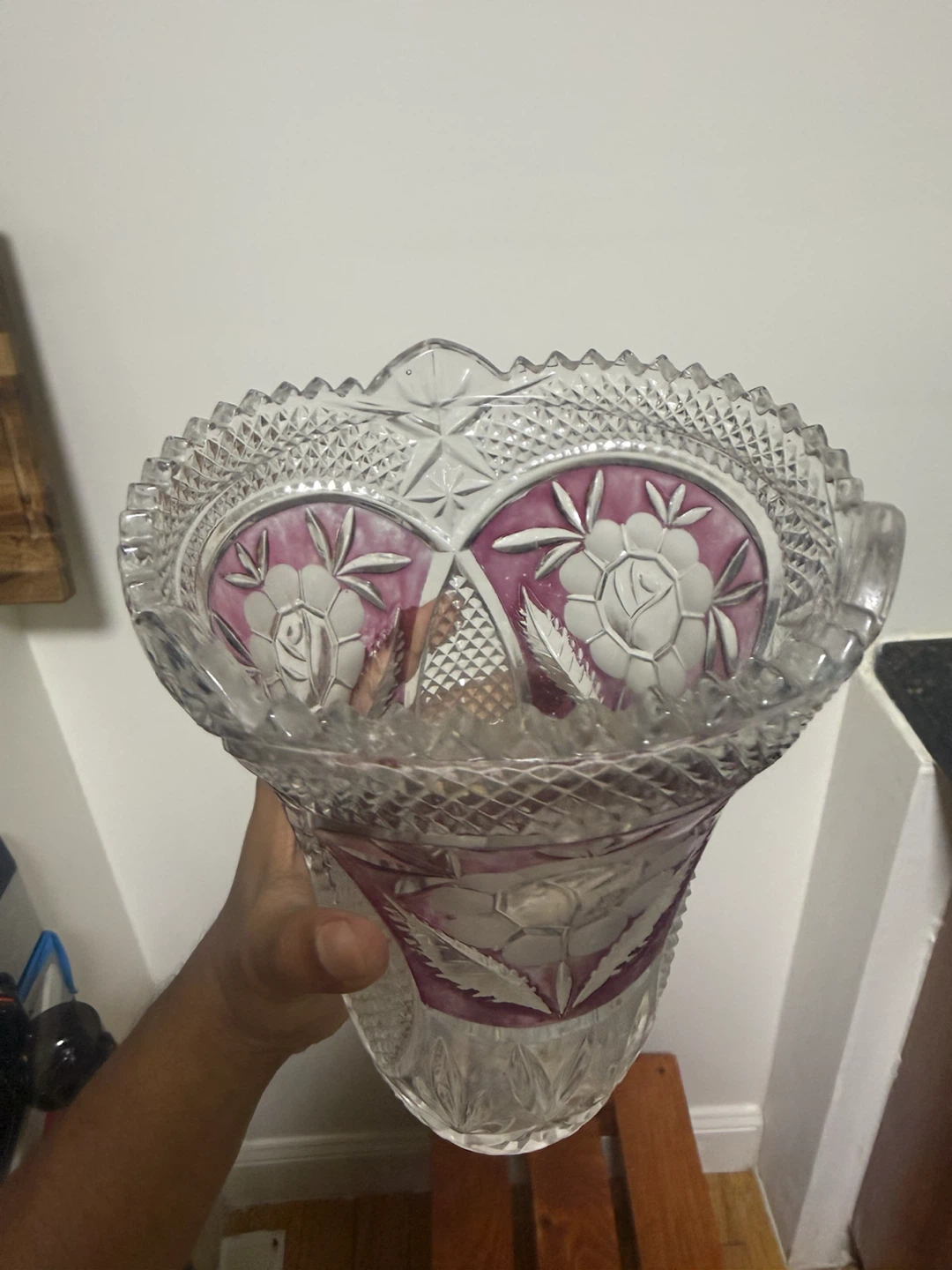 Vintage Cut Glass Vase with Pink Overlay - photo 4