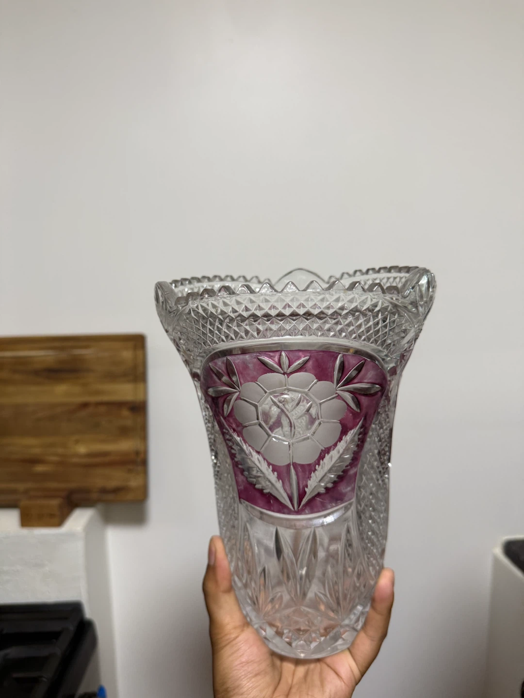 Vintage Cut Glass Vase with Pink Overlay