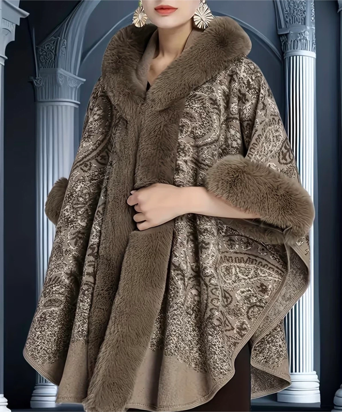 Women's Faux Fur Trimmed Hooded Poncho