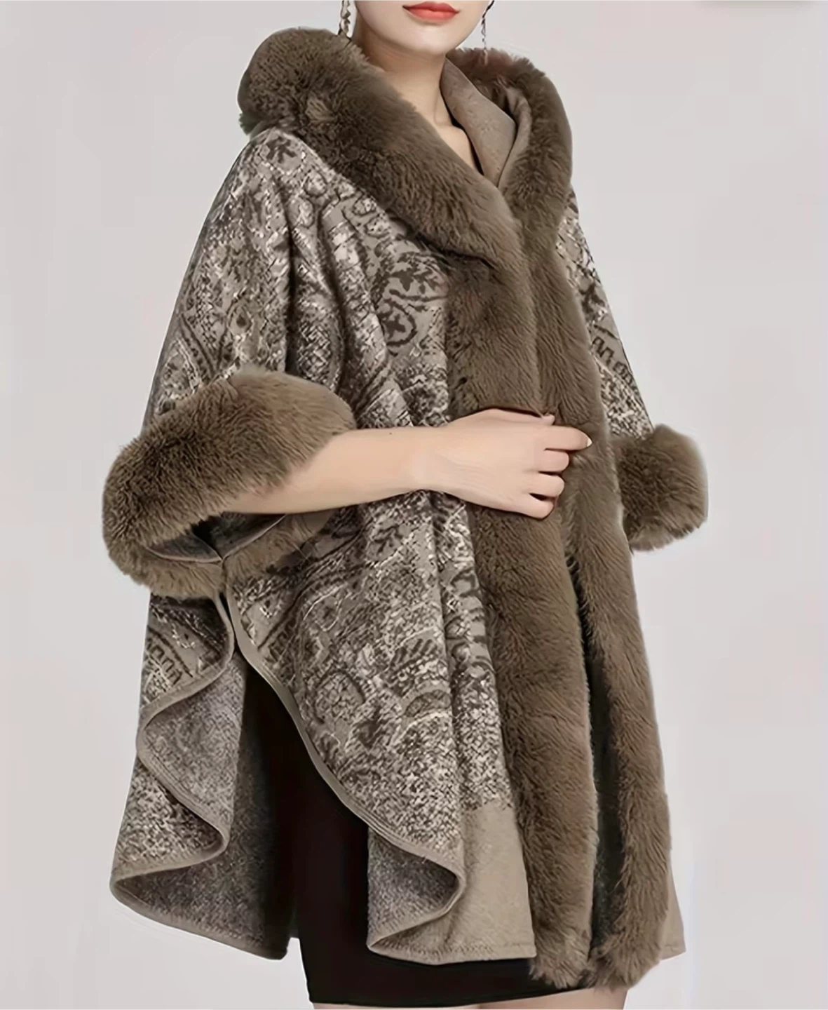 Women's Faux Fur Trimmed Hooded Poncho - photo 4