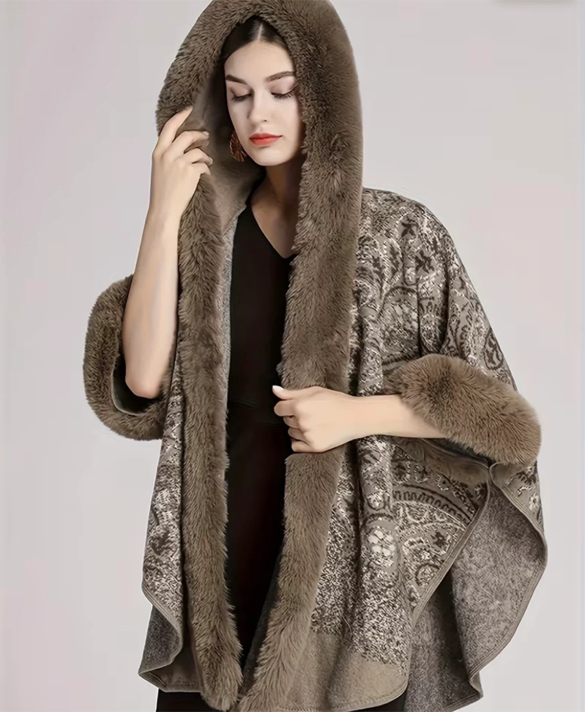 Women's Faux Fur Trimmed Hooded Poncho - photo 5