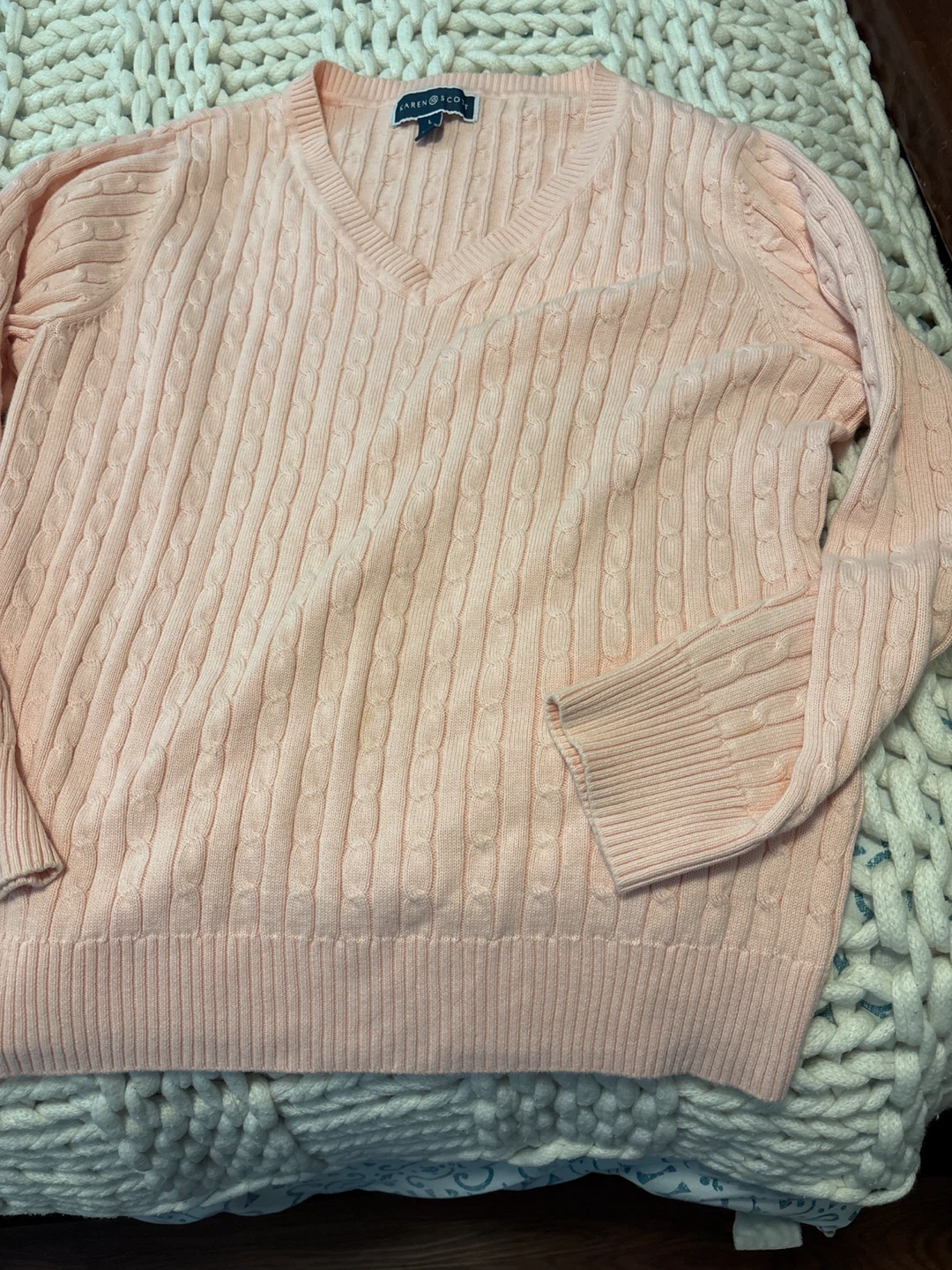 Karen Scott Pink Cable Knit V-Neck Sweater - Size L