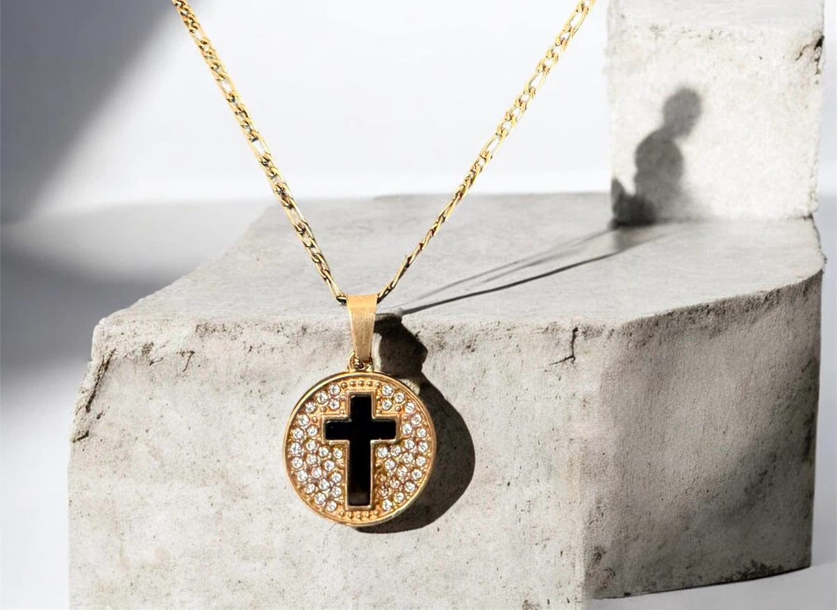 Gold Tone Cross Pendant Necklace with Rhinestones
