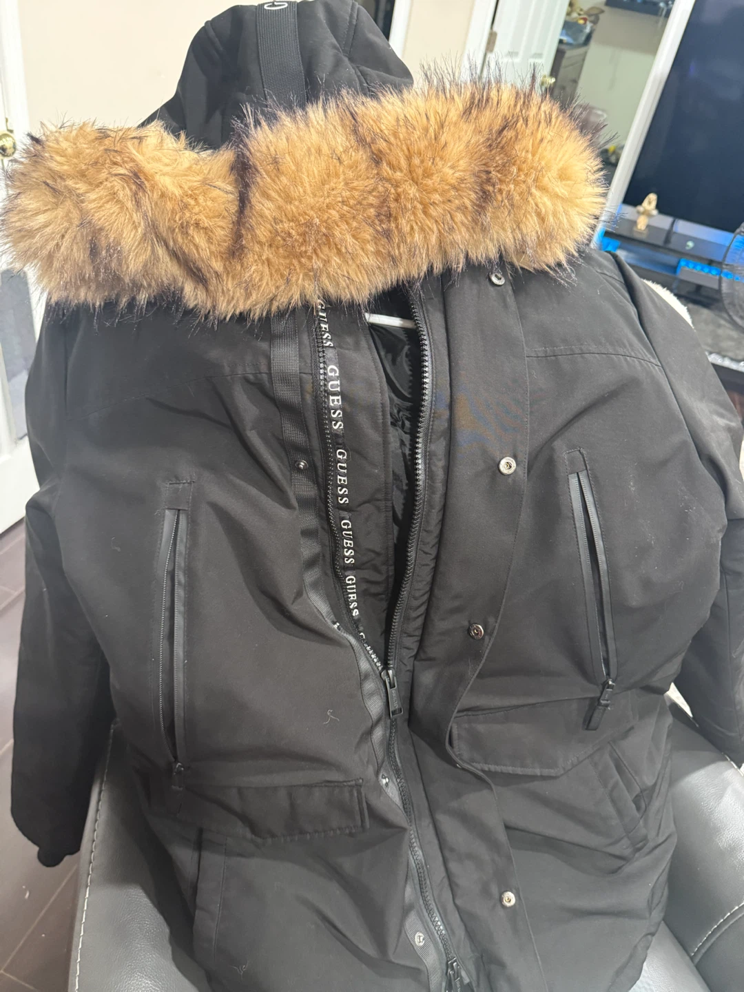 Guess Black Parka Jacket with Fur Hood