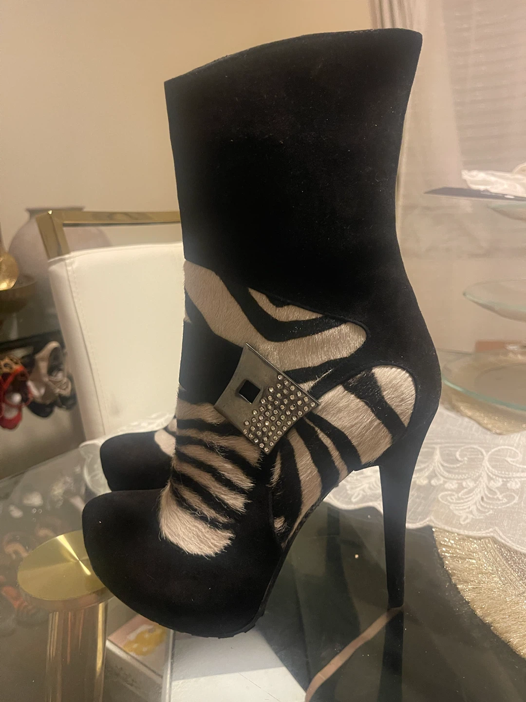 Roberto Cavalli Black Suede & Zebra Print Ankle Boots