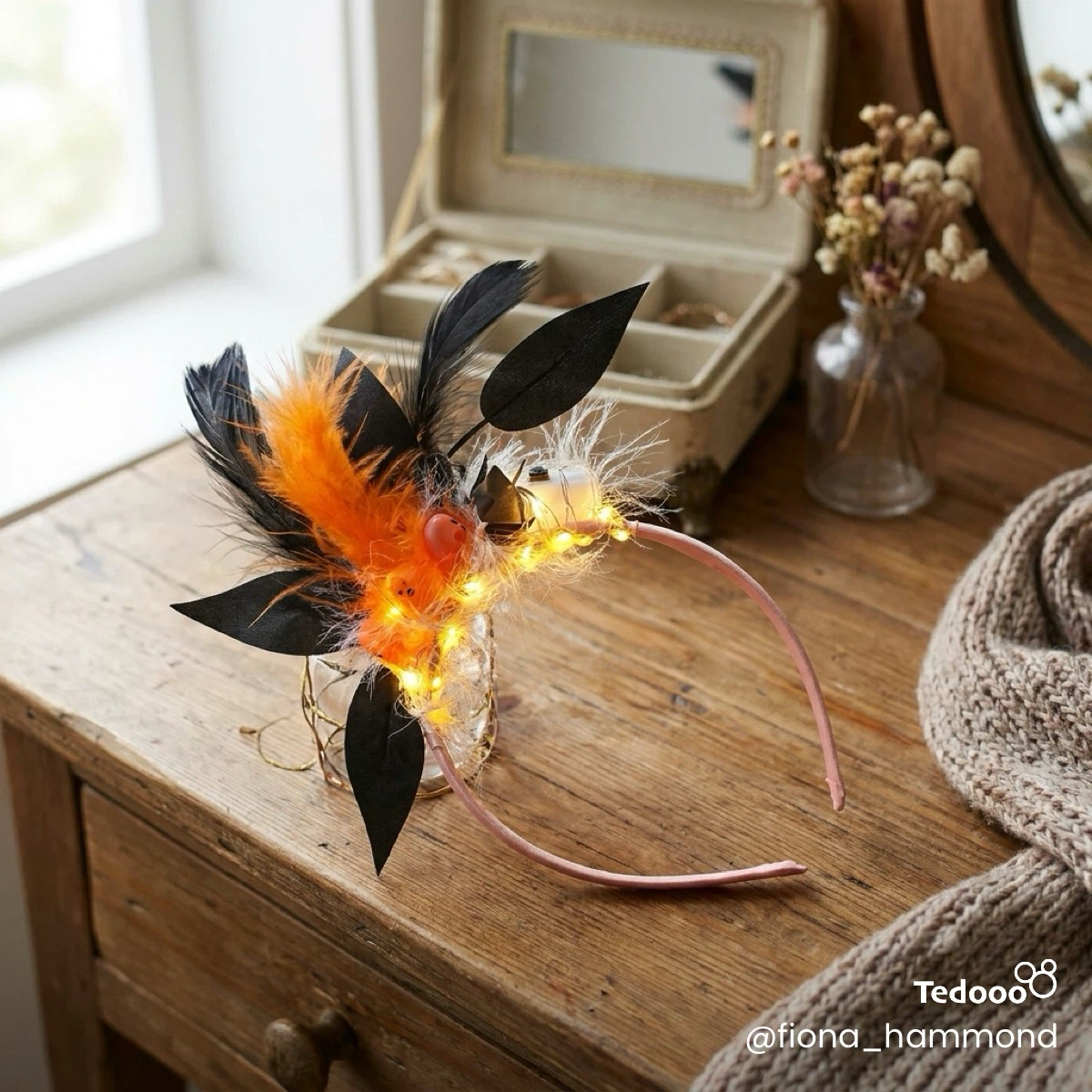 Halloween Light-Up Headband with Feathers and Pumpkins