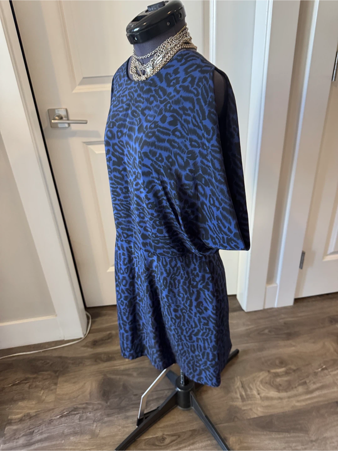 Wren Navy Blue Leopard Mini 💯 silk Dress - sz small - photo 4