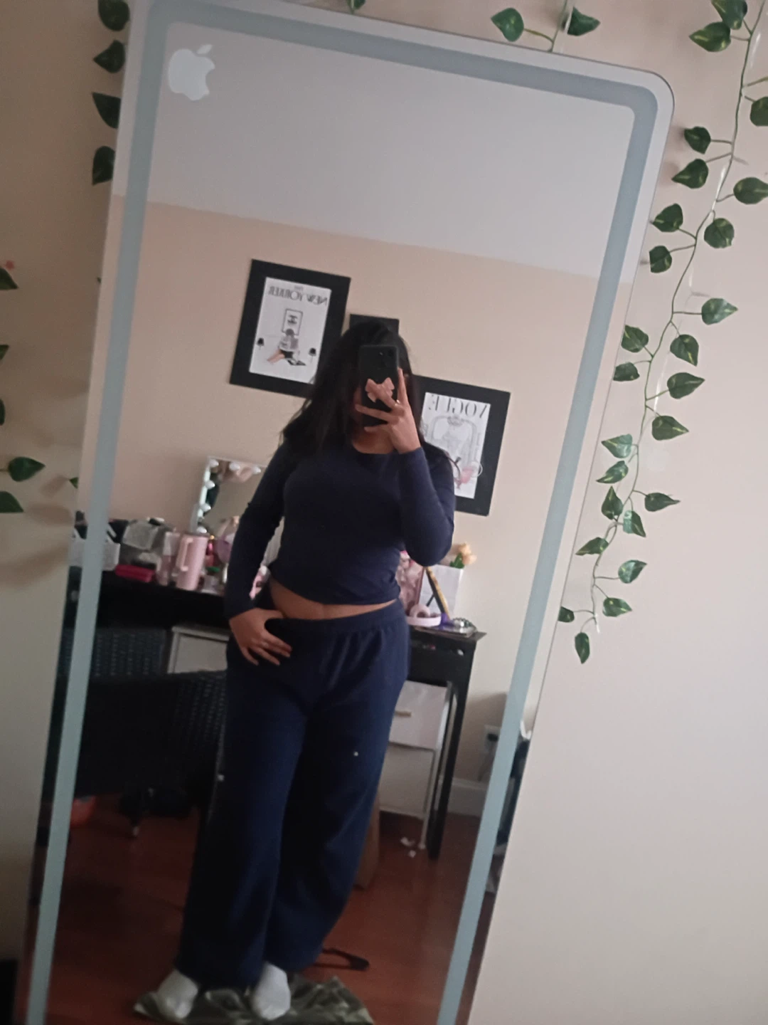 Navy Blue Long Sleeve Crop Top and Sweatpants Set