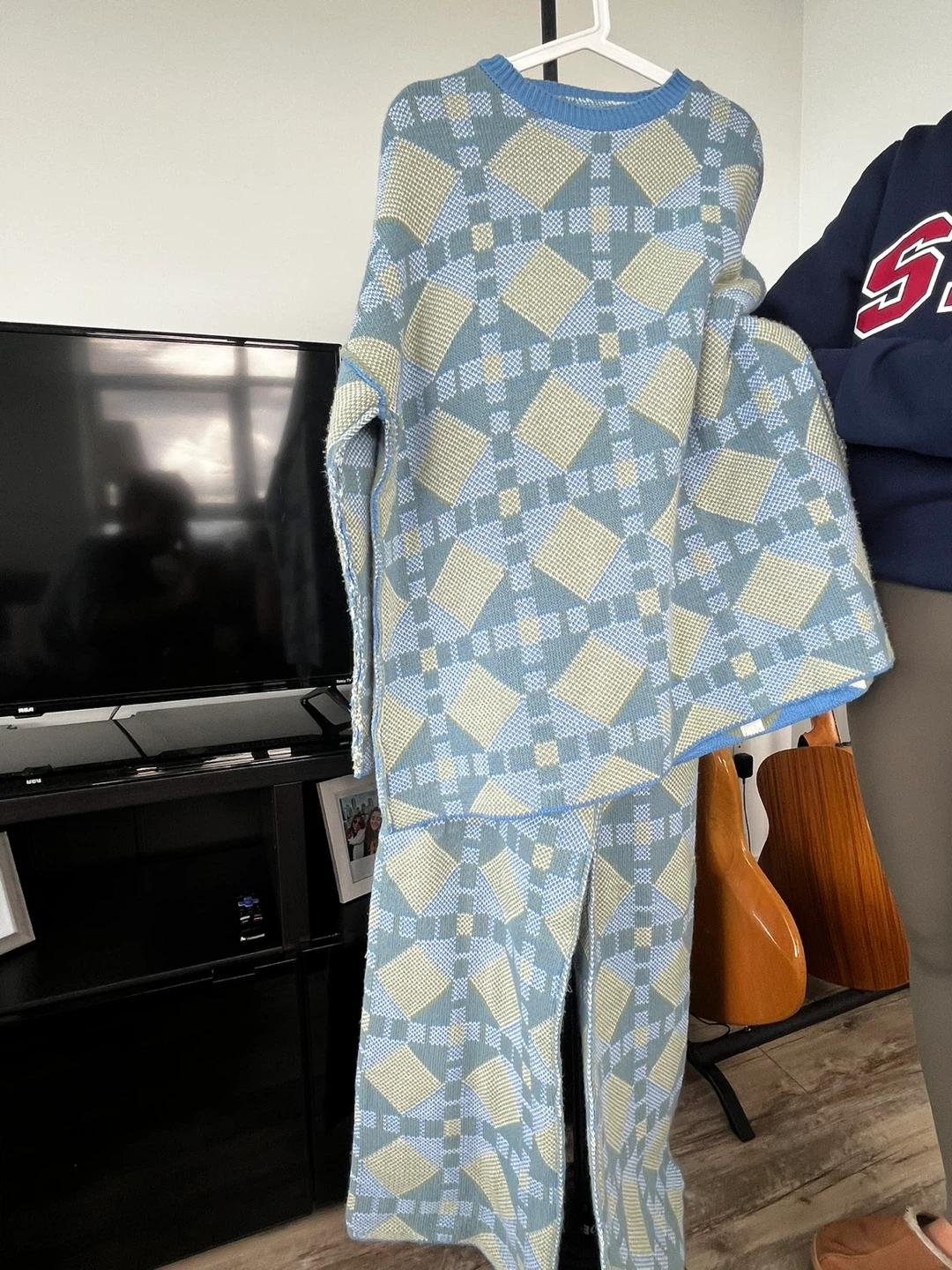 Blue and Cream Diamond Pattern Sweater Pants Set