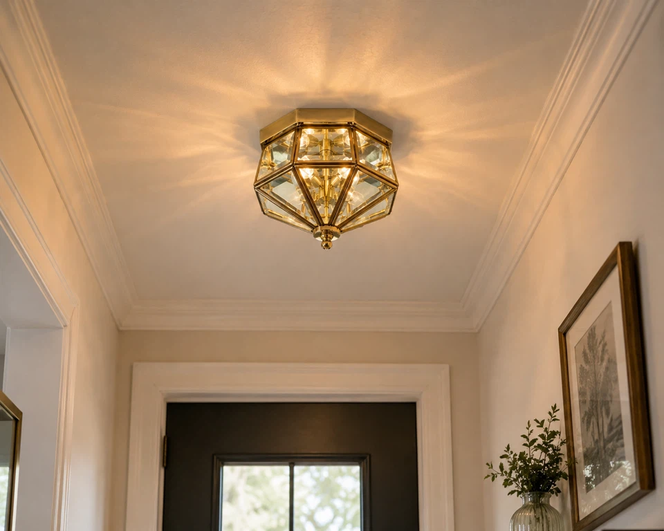 3-Light Brass & Beveled Glass Flush Mount Ceiling Fixture