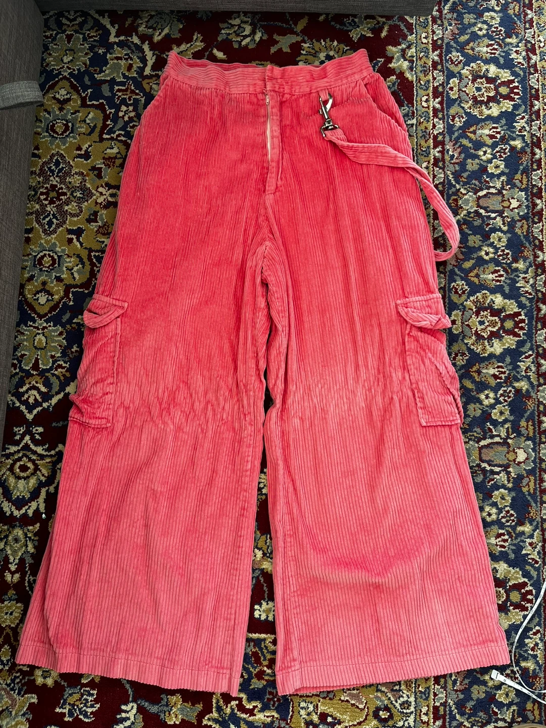 Pink Corduroy Wide Leg Cargo Pants