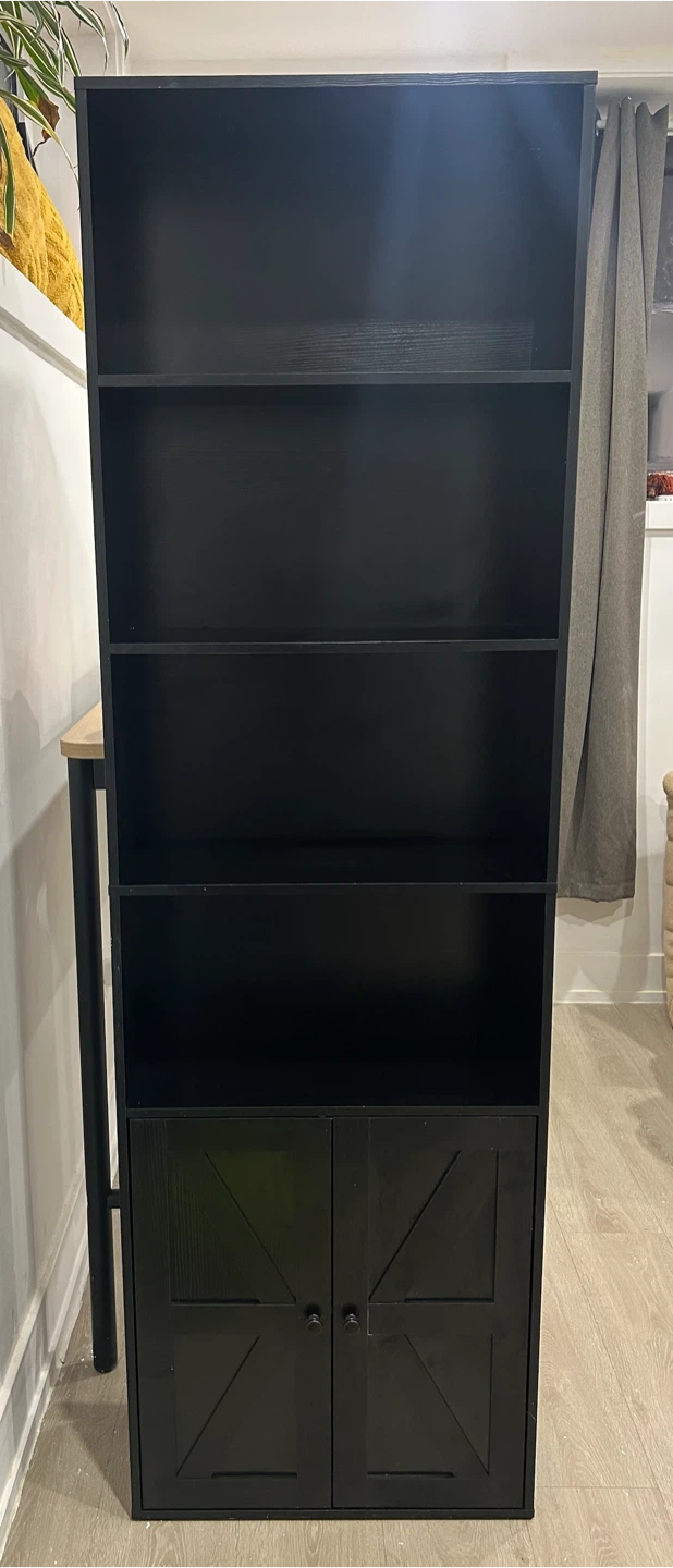 Tall Bookshelf with 5 Shelves & Bottom Cabinet