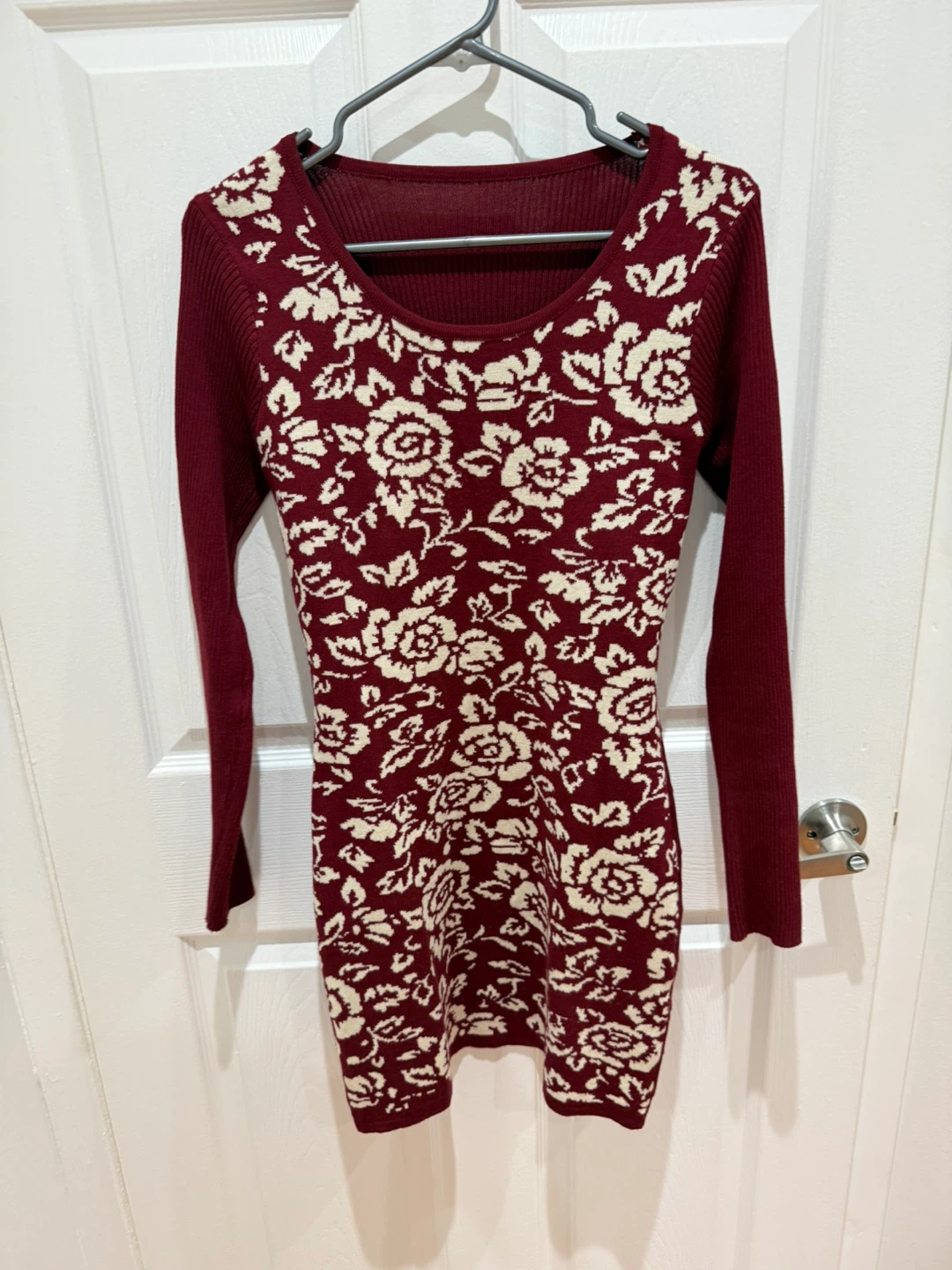 Burgundy Floral Knit Sweater Dress