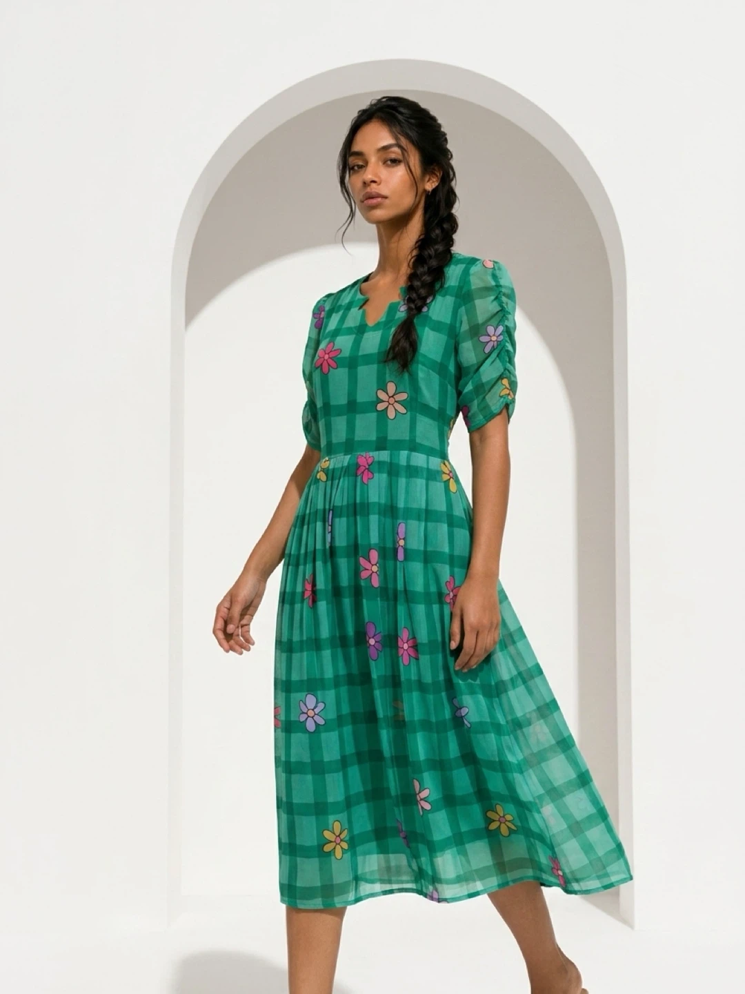 Green Plaid Midi Dress with Floral Details