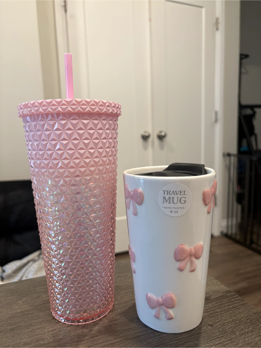 White Travel Mug with Pink Bows - 18 oz